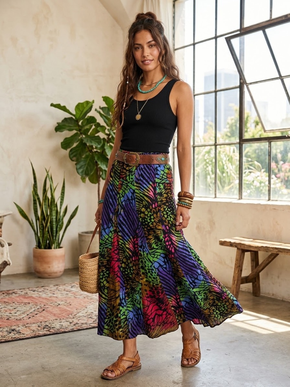 Catalog Classics Vintage Boho Batik Butterfly Print Cotton Maxi Skirt Medium